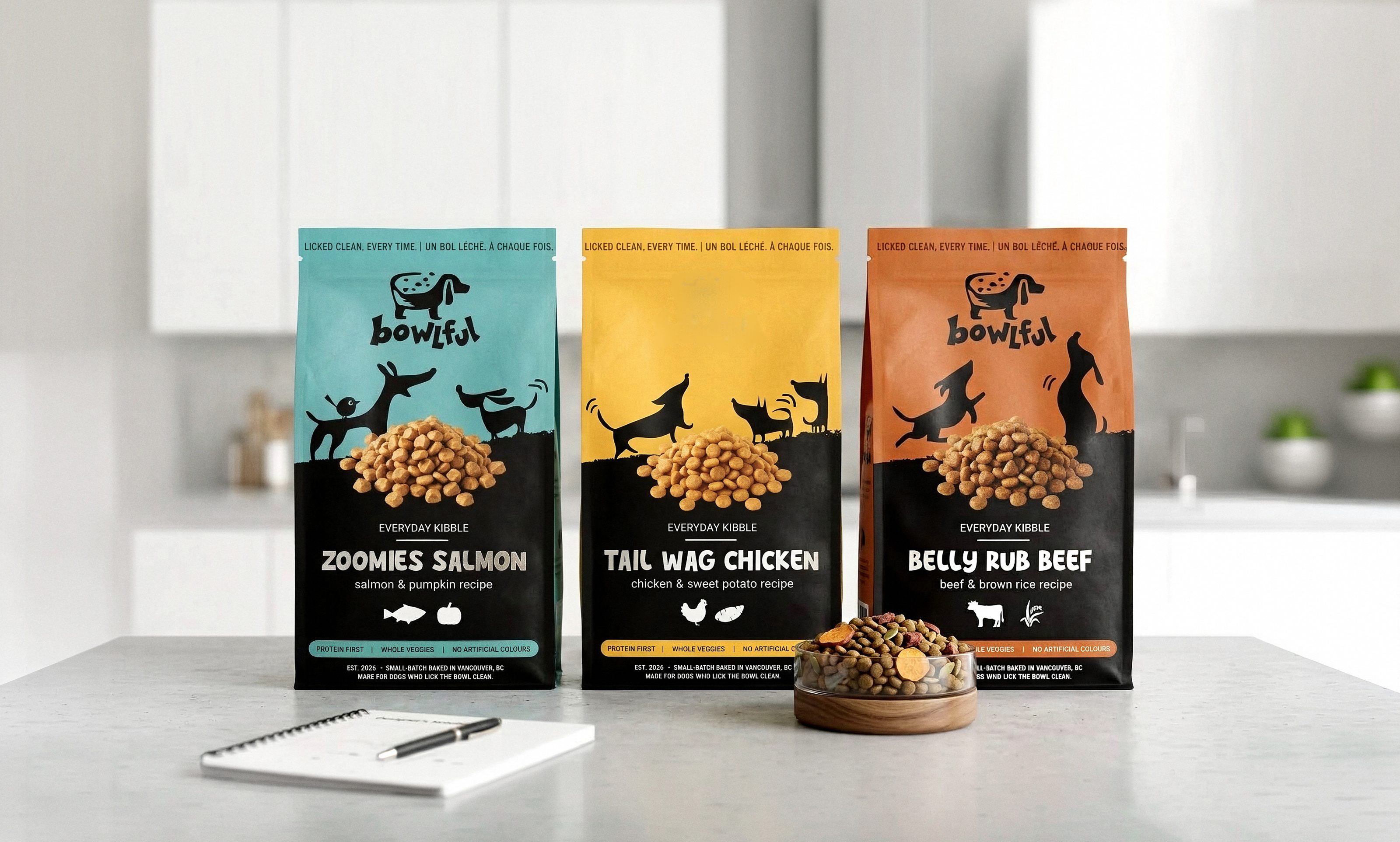 Zoomies Salmon, Tail Wag Chicken and Belly Rub Beef bags on a kitchen counter