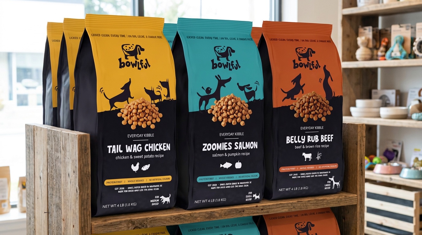 Tail Wag Chicken, Zoomies Salmon and Belly Rub Beef bags on a wooden pet shop shelf