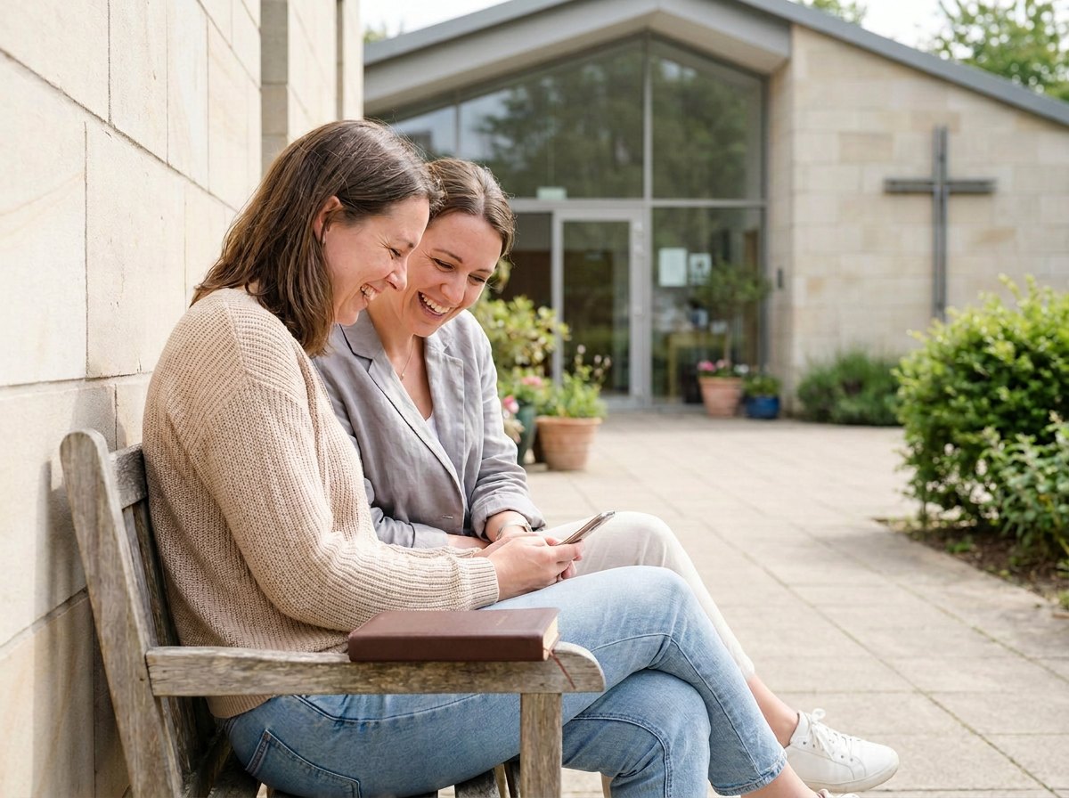 Two friends laughing over a phone on a bench outside a small church, a Bible beside them
