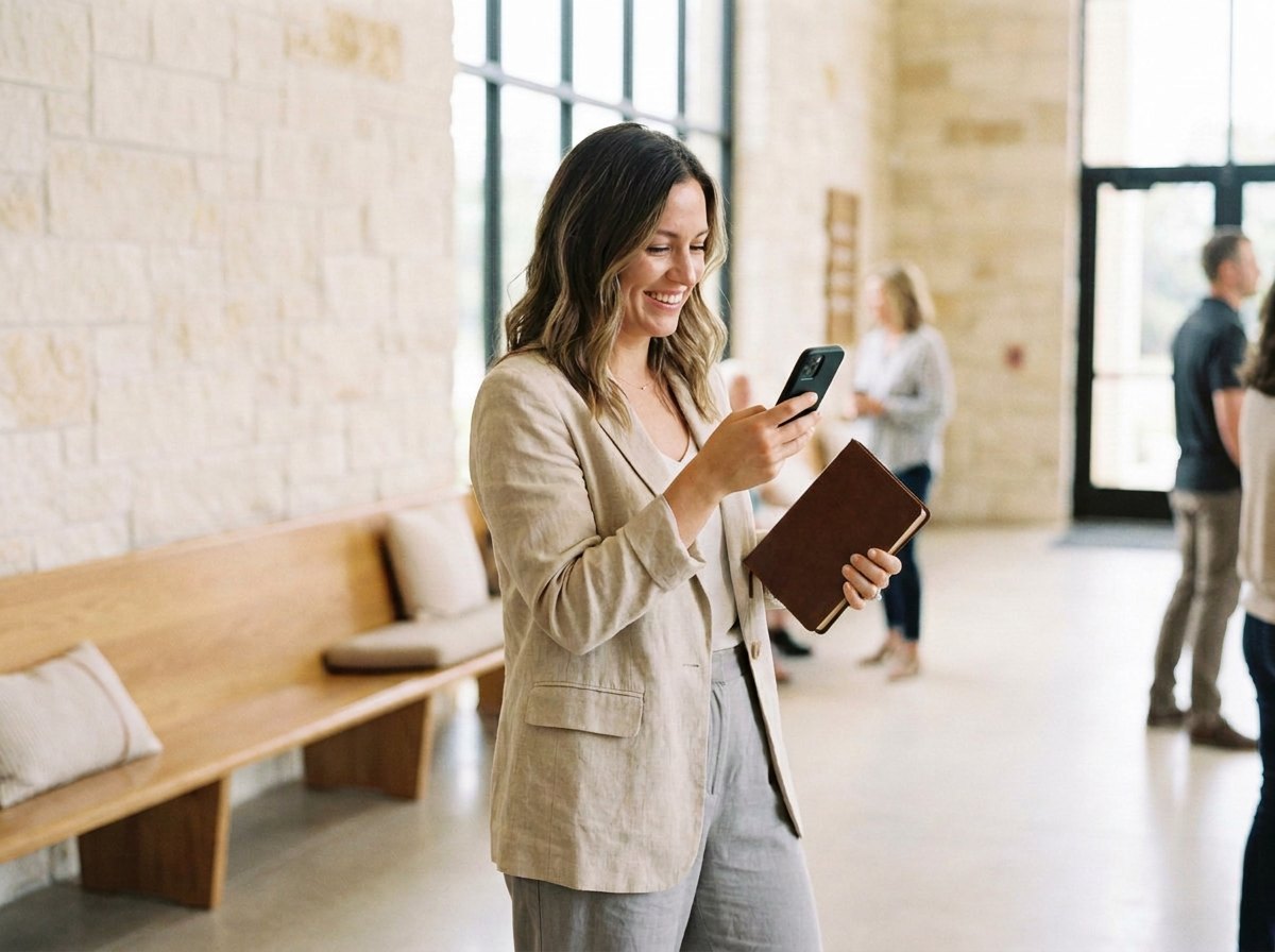 A woman smiling at her phone in a bright church foyer after the service