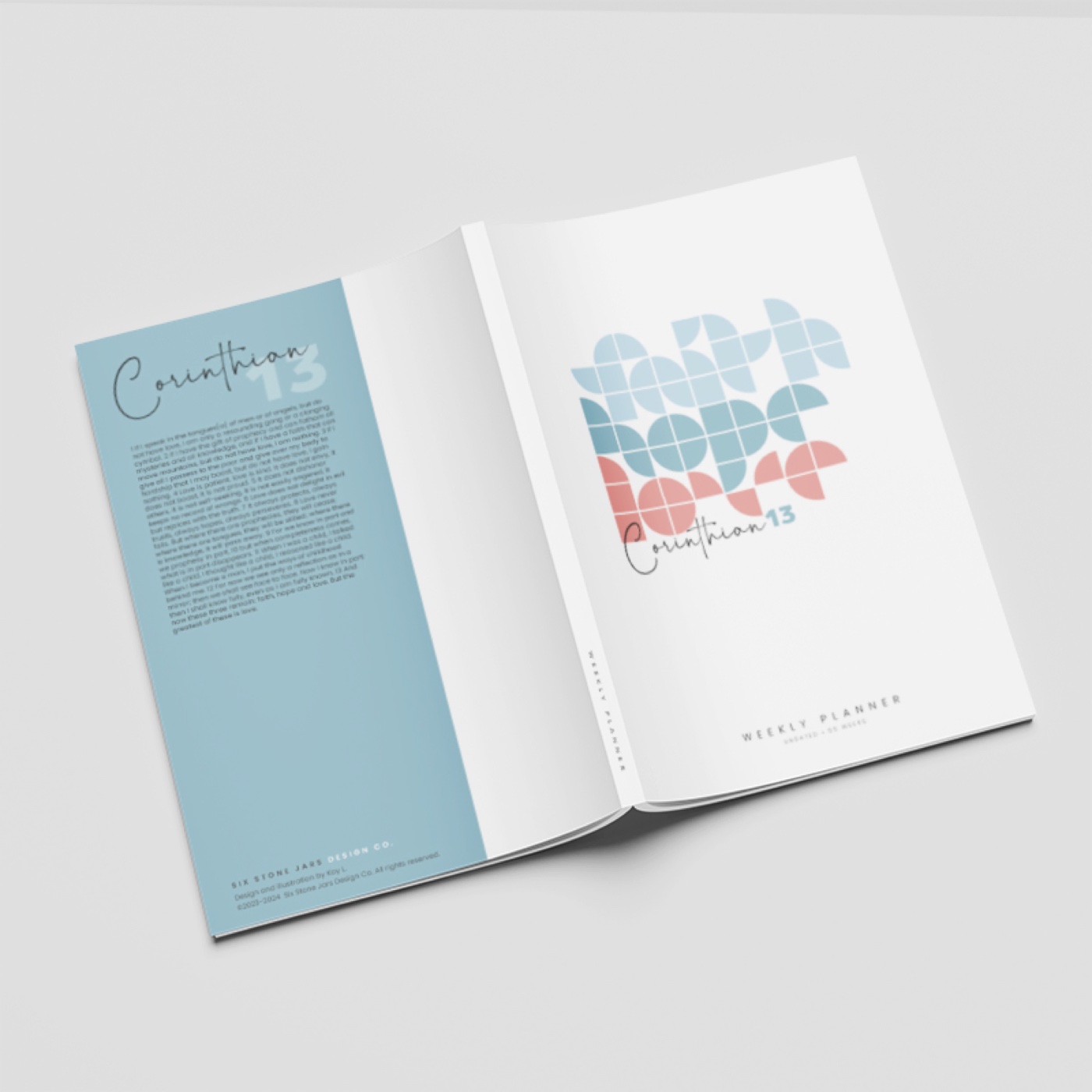 Faith, hope, love planner opened flat, front and back cover